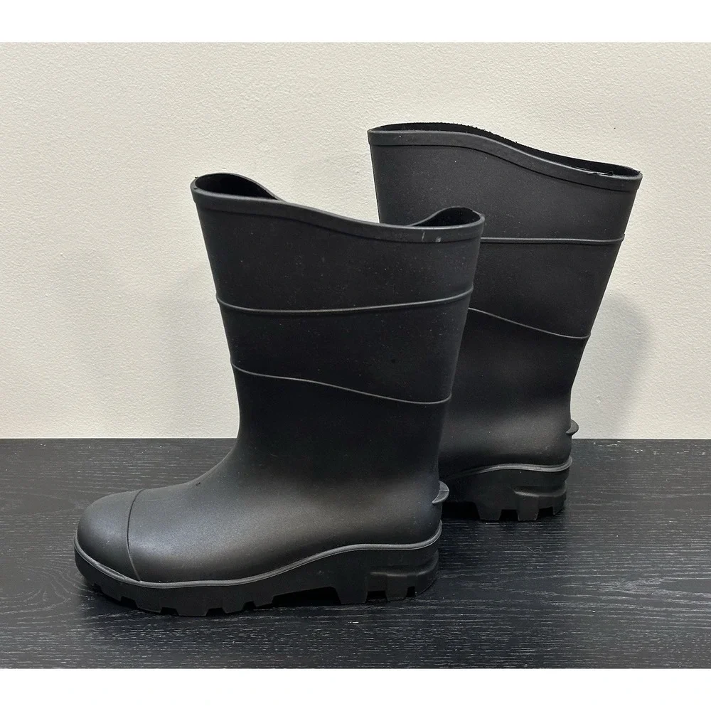 Black Rubber Waterproof Pull-On Mid-Calf Rain Boots Round Toe Mens 6 Woman's 8